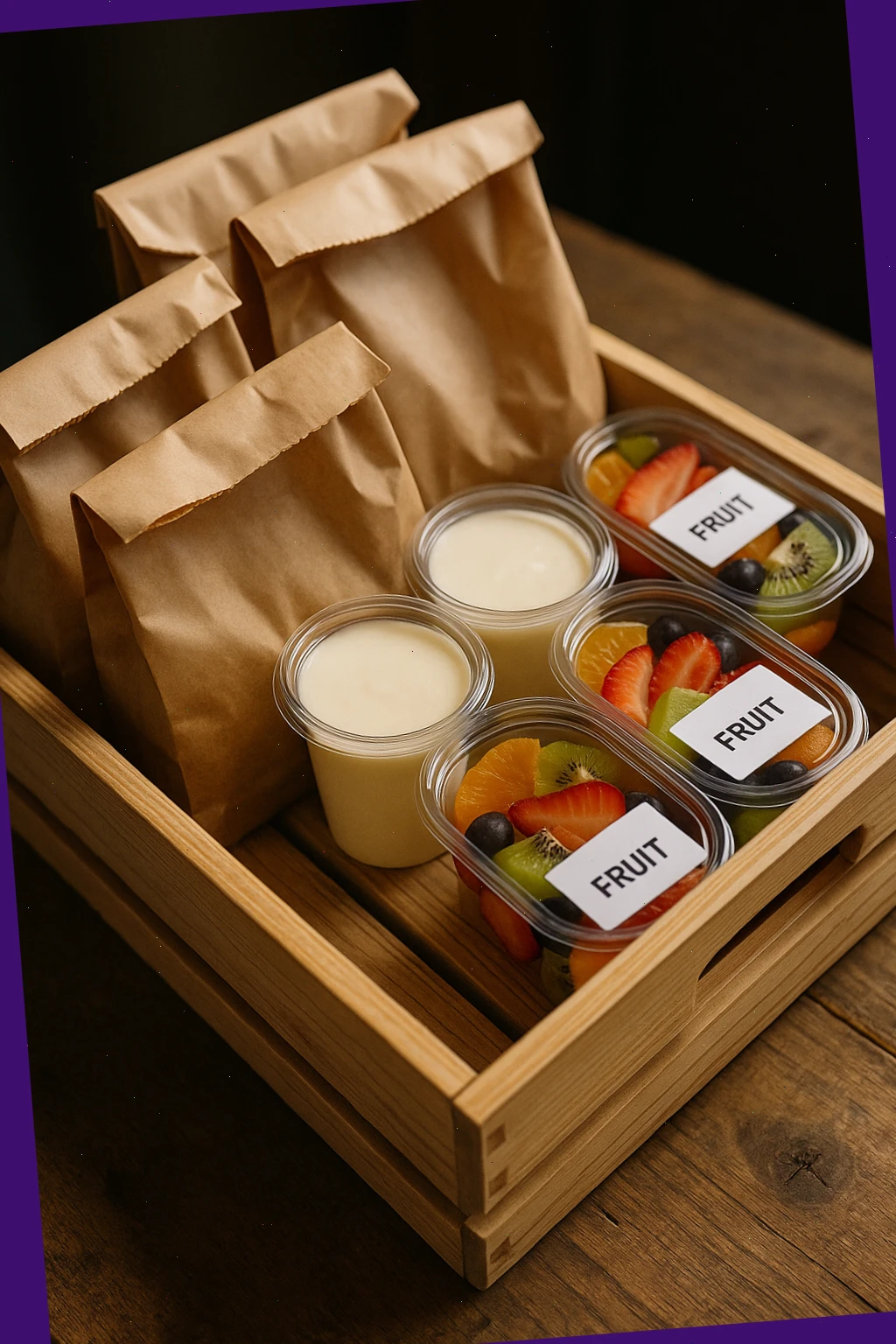wooden crate with warm pastry bags, yoghurt pots and labelled fruit ready for delivery